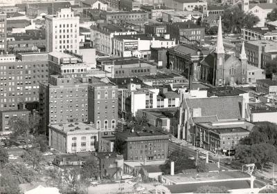 Bank Blackstone St. Cadillac Downtown Aerial Jury Rowe Library W. Michigan Ave. National Bank Sears