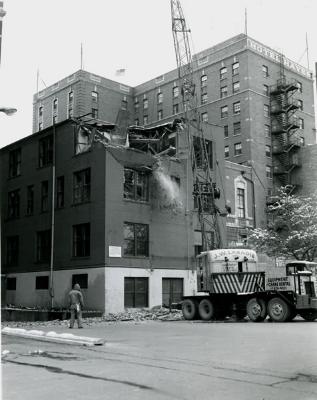Consumer Power Hayes St. building demolition, showing crane