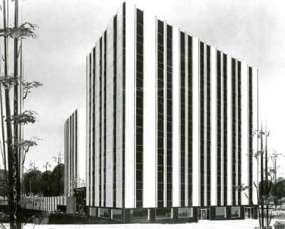 Architect's drawing of Consumers Power Office Building residing